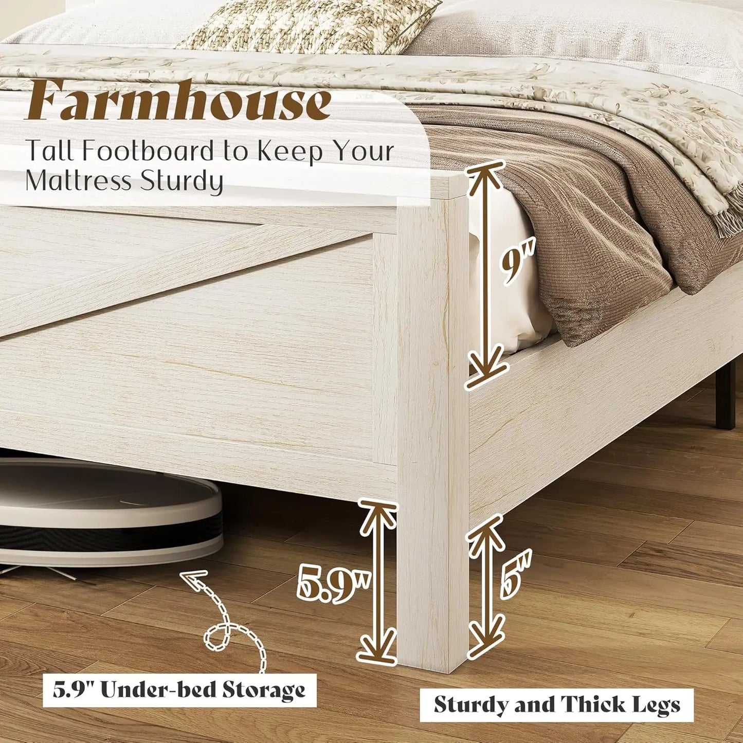 Farmhouse Queen Bed Frame With Storage USB Headboard No Box Spring White Finish