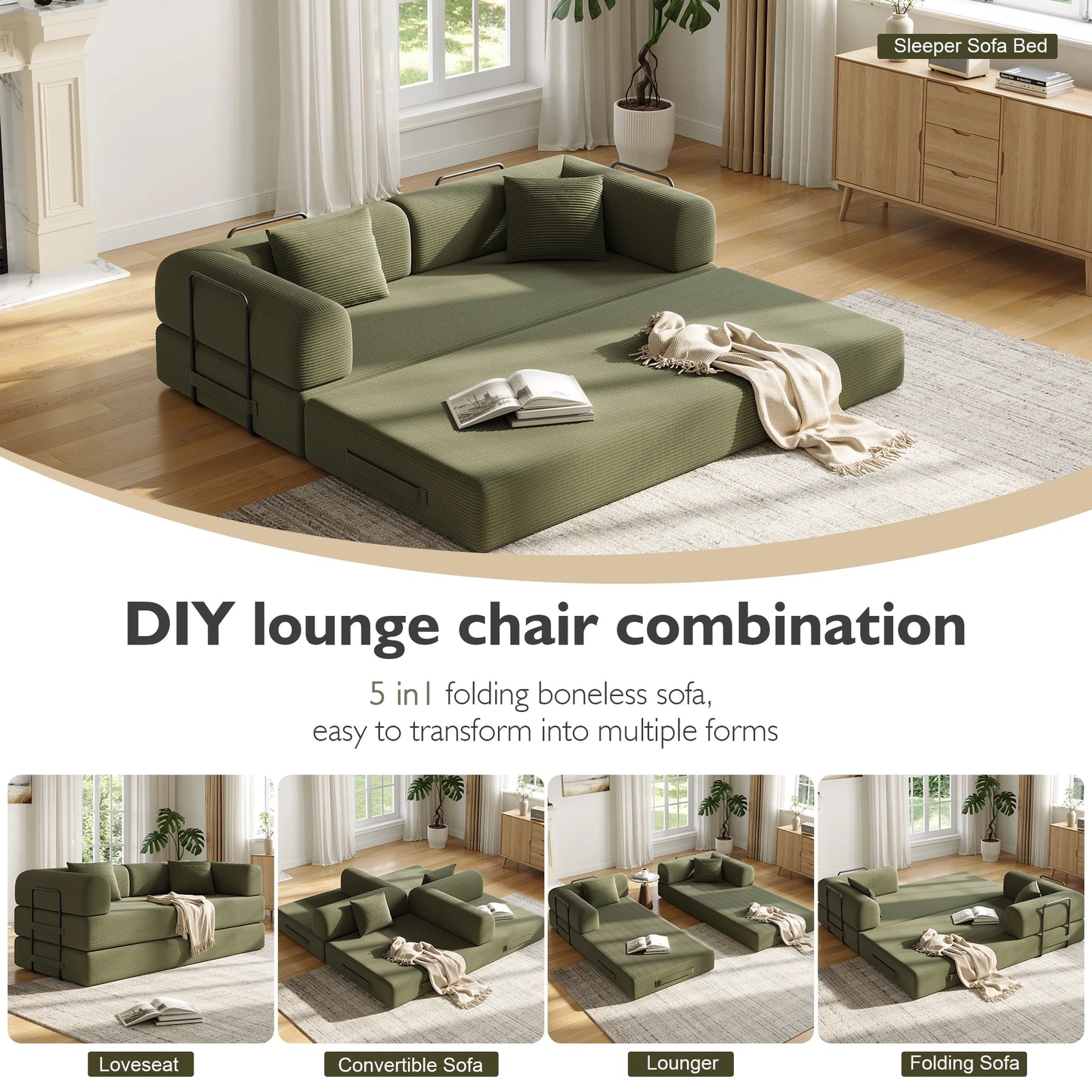Convertible Floor Sofa Bed With Fixed Shape Frame 5 In 1 Living Room Sofa