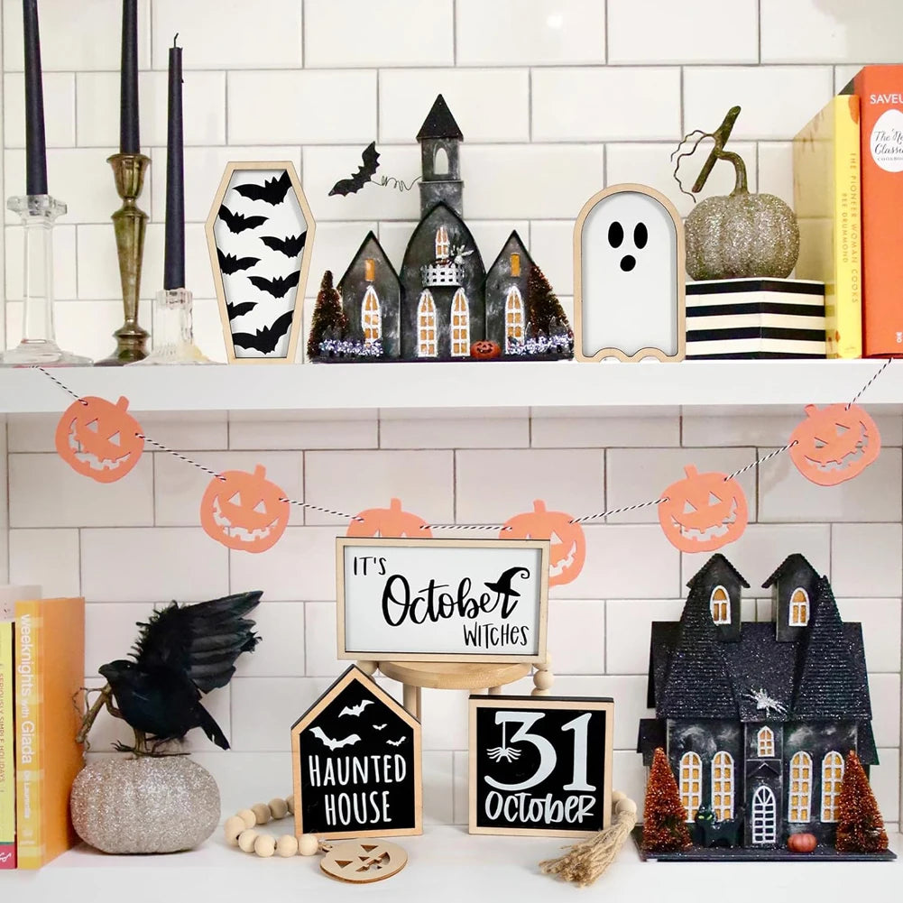 6Pcs Bat Coffin Ghost Wooden Sign Halloween Theme Party Home Decor Tiered Tray Decoration