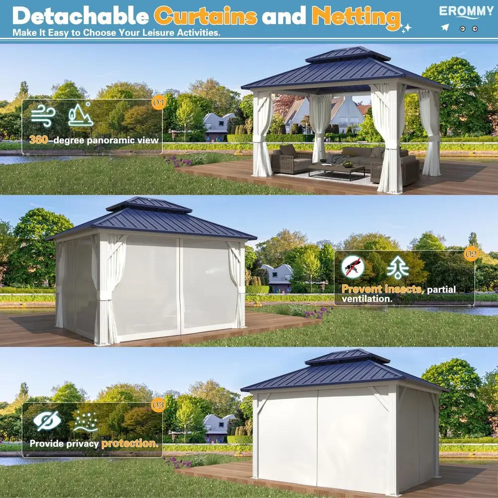 12 X 10 Outdoor Steel Pavilion With Double Roof Curtains And Netting Blue