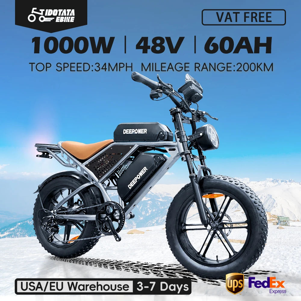 1000W 48V 60AH Adult Electric Mountain Bike 20 Inch Fat Tire Off Road Bicycle Max Speed 55KMH