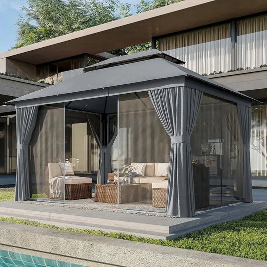 Outdoor Patio Gazebo 10x12 With Wooden Frame And Mosquito Net Shelter