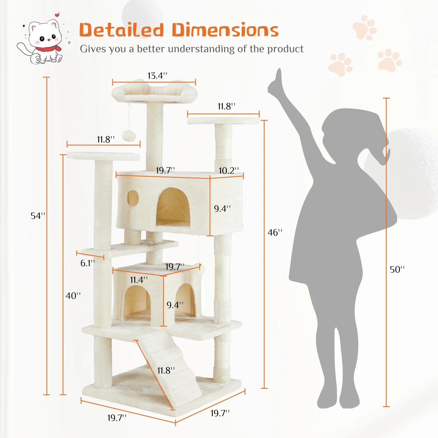 JHK 54 Inch Tall Multi Level Cat Tree Tower Indoor Pet Furniture Stable Kitty Play House with Sisal Scratching Post