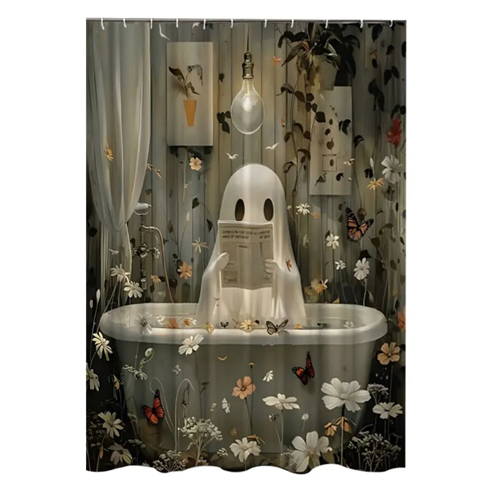 Cute Cartoon Ghost Shower Curtain Set Halloween Bath Decor