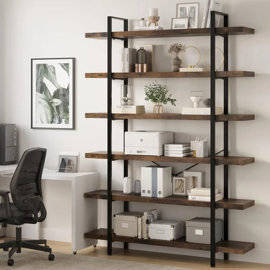 Industrial Rustic Six Tier Bookshelf 47 Inch Wide 120 Lb Capacity Home Office