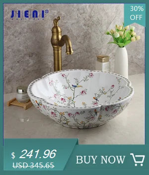 Jieni Art Ceramic Basin Set Blossoms Spring Brass Tap