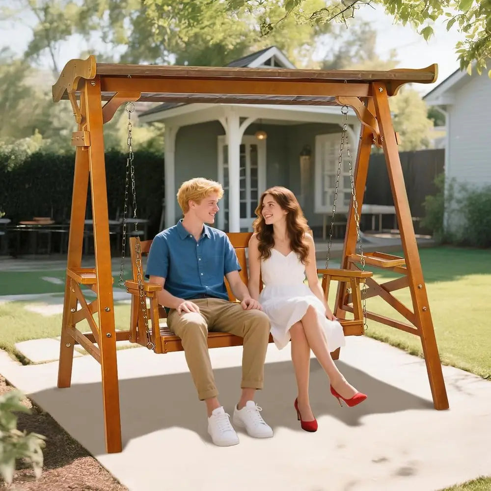 Durable Teak Outdoor Porch Swing With Cup Holder For Patio, Yard, And Garden
