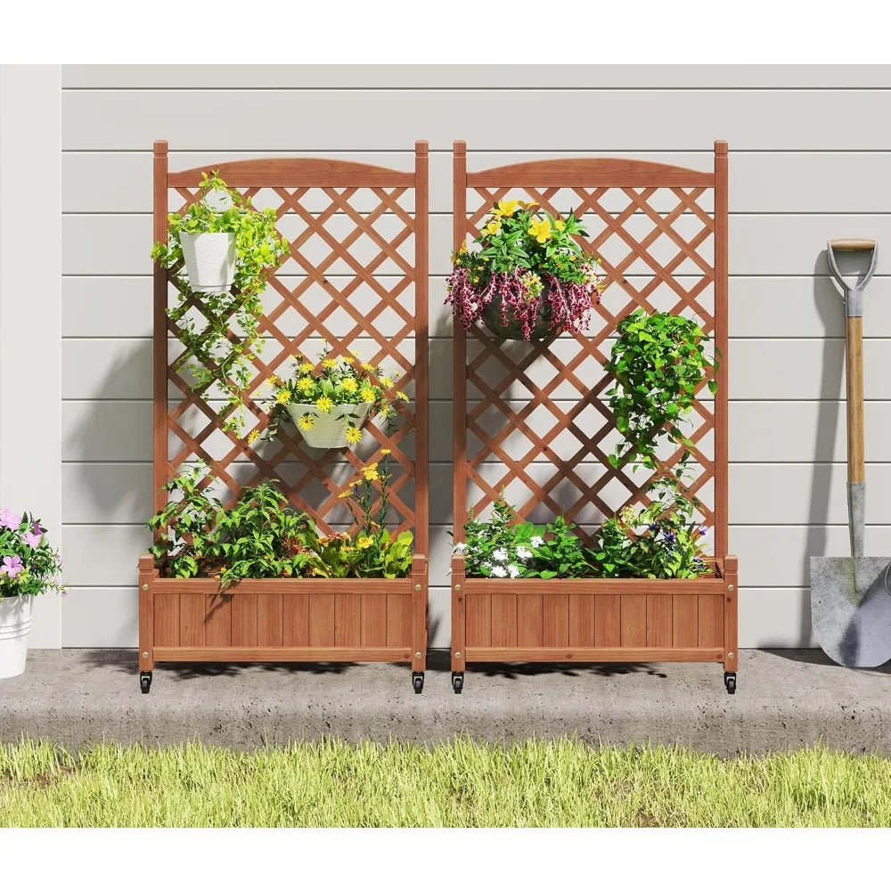 Raised Garden Bed With Trellis Set Of 2 Outdoor Wood Planter Boxes And Stands
