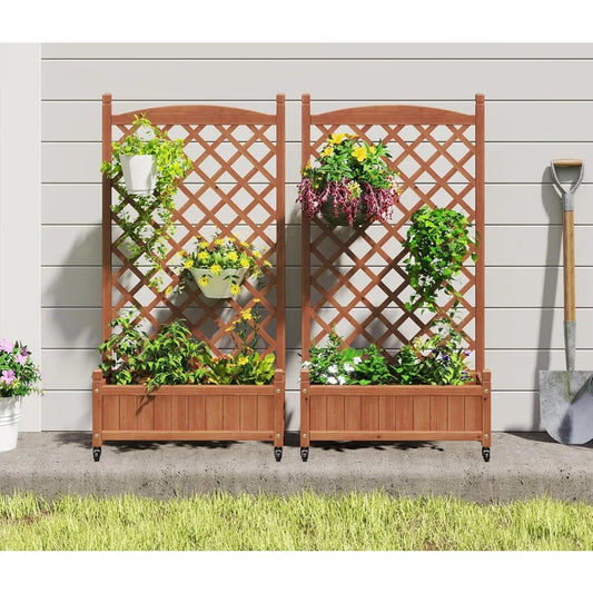 Raised Garden Bed With Trellis Set Of 2 Outdoor Wood Planter Boxes And Stands