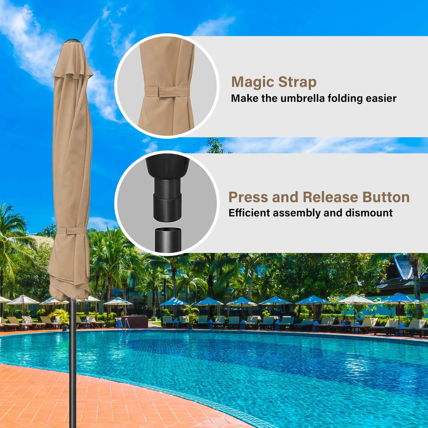 9 Ft Outdoor Patio Umbrella Market Table Umbrella With 8 Sturdy Ribs Push Button Tilt And Crank Waterproof UV Resistant Polyester For Garden Yard Pool