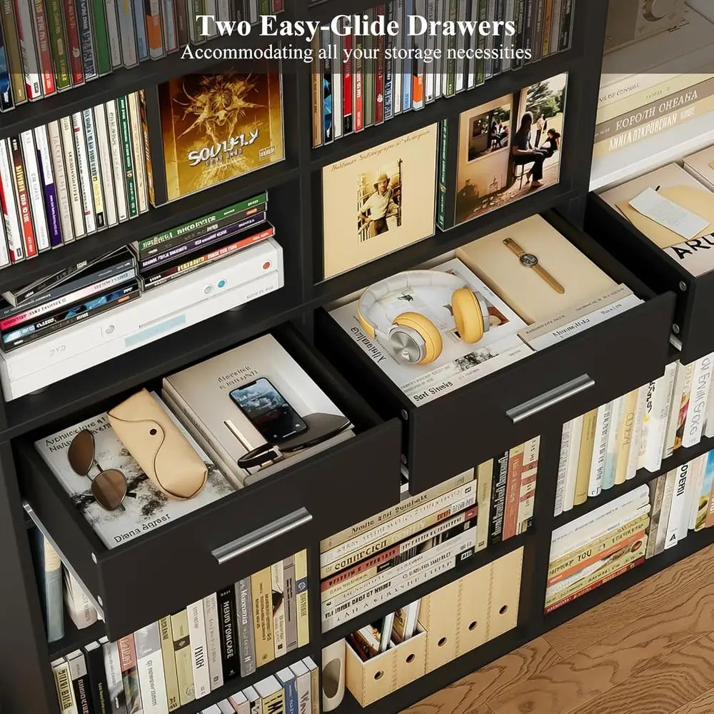 73 Inch High 7 Tier Black Wood Bookshelf Double Wide With Storage For CD DVD
