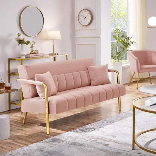 Lux Velvet Sofa With Gold Tone Arms And Legs Living Room