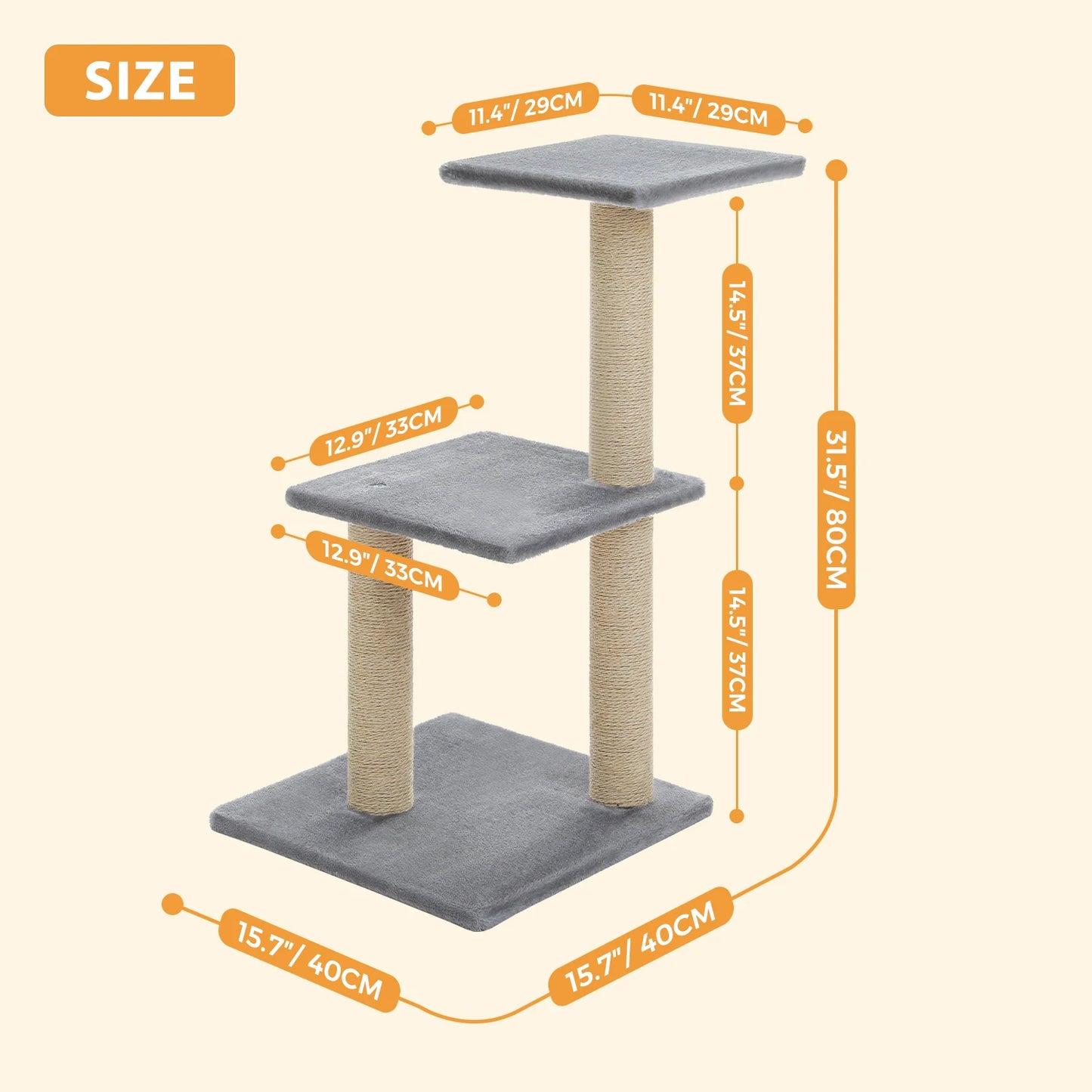 PAWZ Road Cat Tree Indoor 3 Tier Activity Tower With Scratching Posts Grey