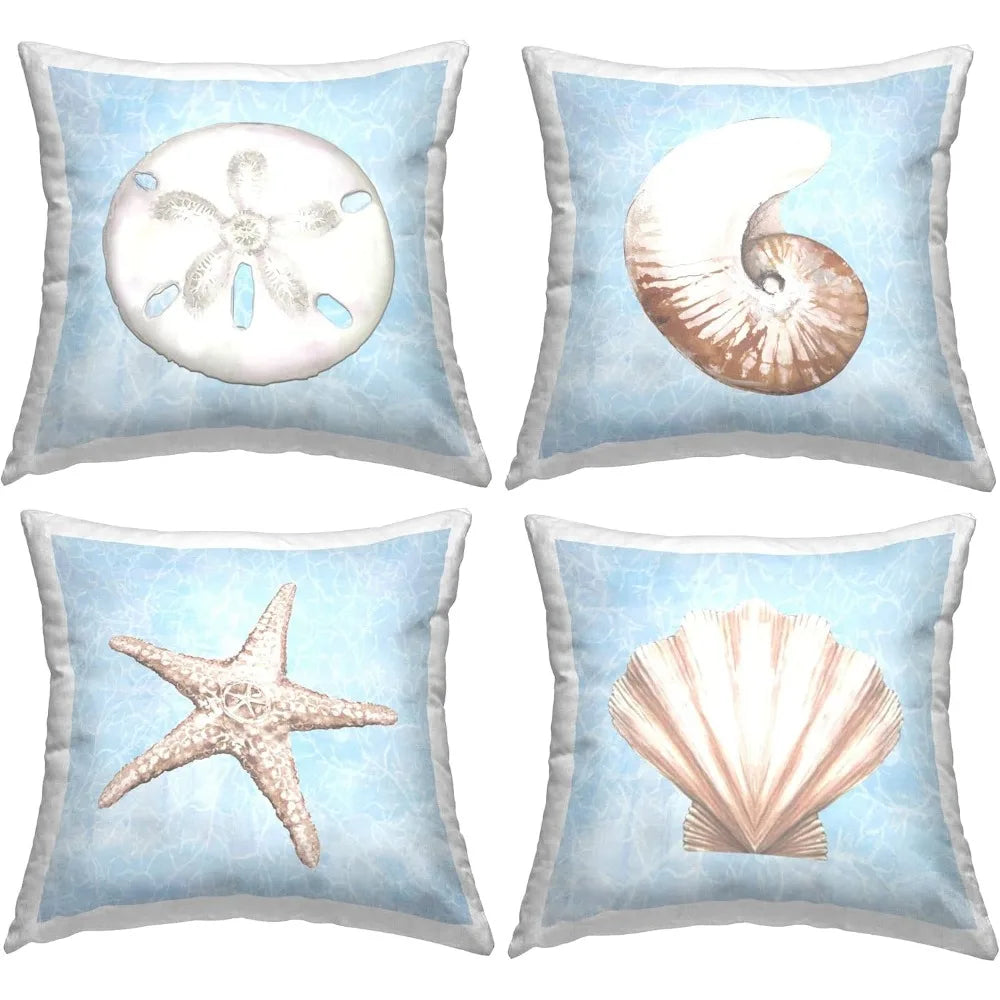 Aquatic Seashell Beach Water Design Throw Pillow Set of 4 18 x 18 Blue 100 Cotton