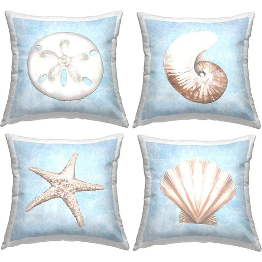 Aquatic Seashell Beach Water Design Throw Pillow Set of 4 18 x 18 Blue 100 Cotton