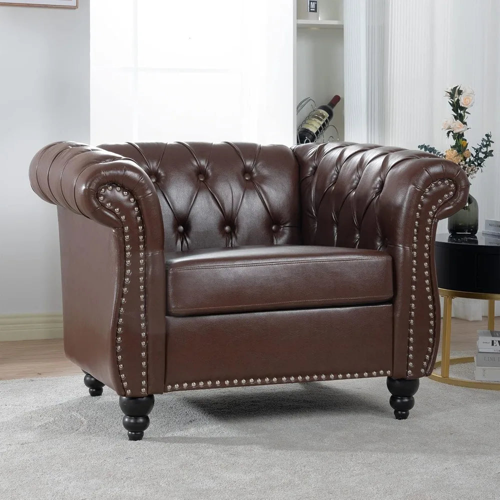 Leather Chesterfield Chair Mid Century Modern Tufted Rolled Armchair For Home