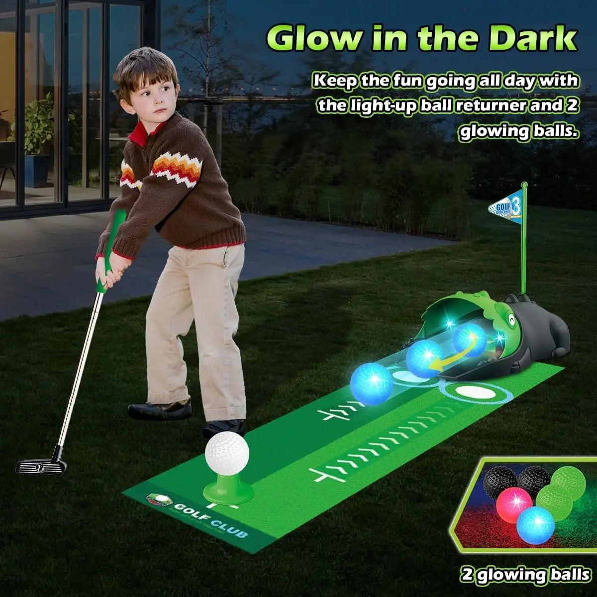 Kids Golf Toy Set Auto Returner Night Light Golf Balls Indoor Outdoor Mini Golf
