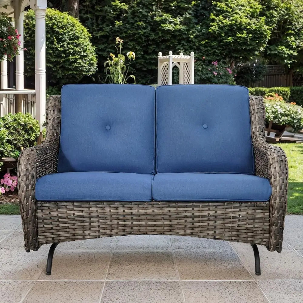 5-Piece Grey Wicker Patio Loveseat Glider Set with Blue Cushions and Swivel Chairs