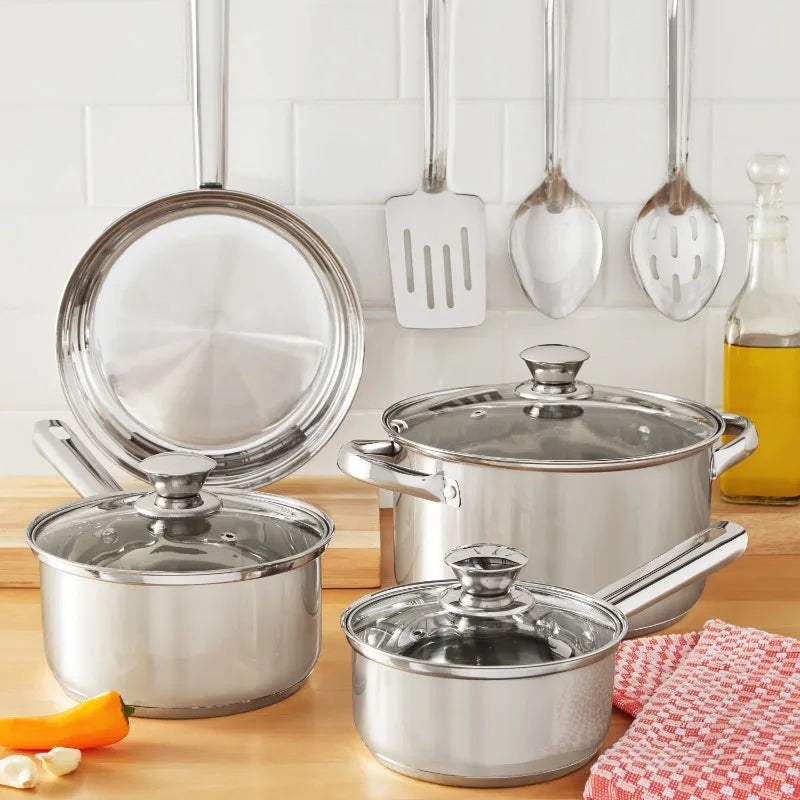 10 Piece Stainless Steel Cookware Set Pots and Pans Kitchen Cooking Set with Stay Cool Handles Dishwasher Safe Silver