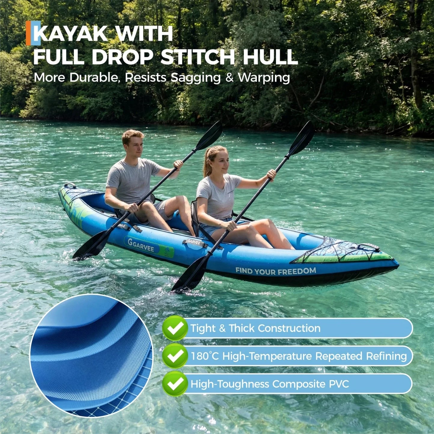 Two Person Inflatable Kayak For Fishing And Touring With Padded Seat And Fins