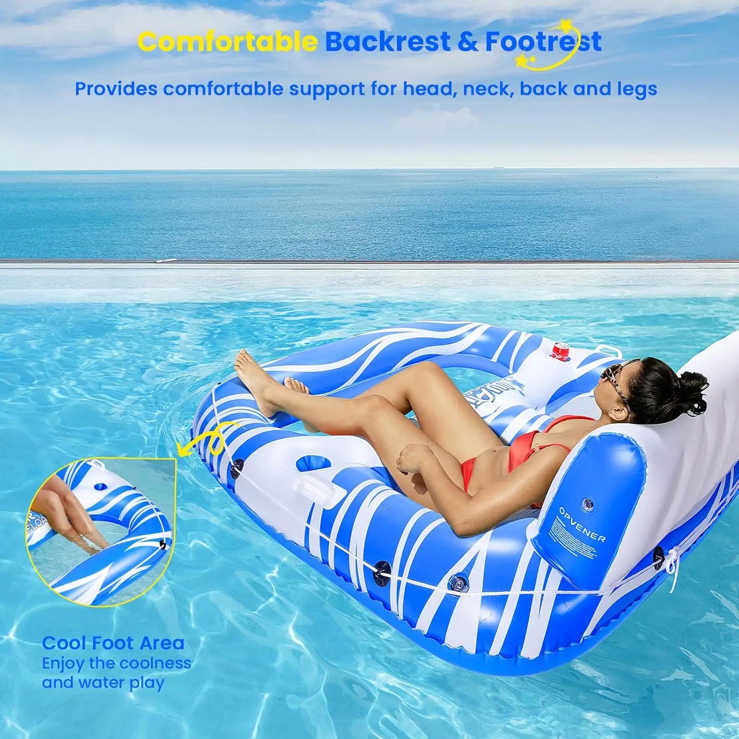 Large Inflatable Pool Lounger Cup Holders Backrest Footrest For Adults 300 Lbs