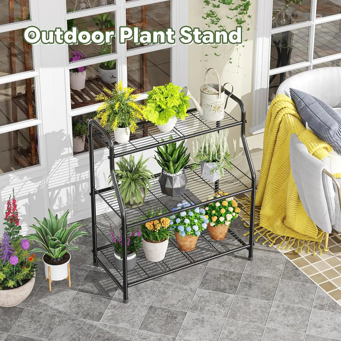 Large Three Tier Metal Plant Stand Indoor Outdoor Shelf For Multiple Pots