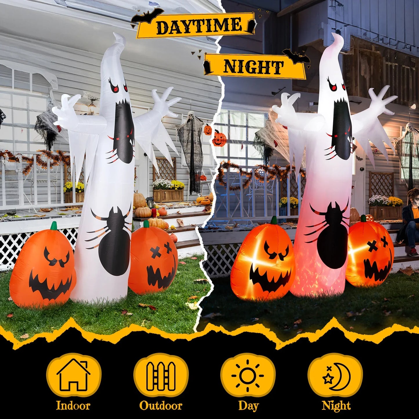 11.8ft Pumpkin Spider White Ghost Inflatable With LEDs