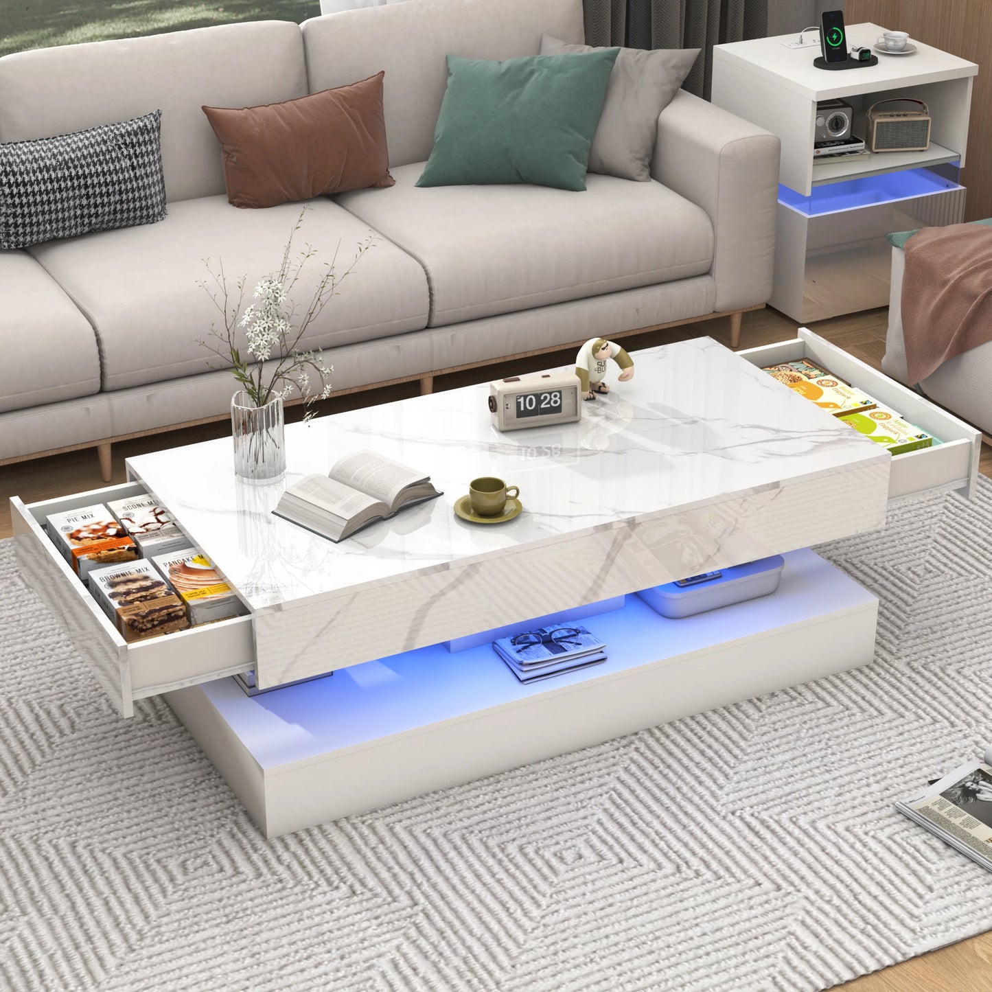 Modern Coffee Table With LED Lights And Storage Drawers
