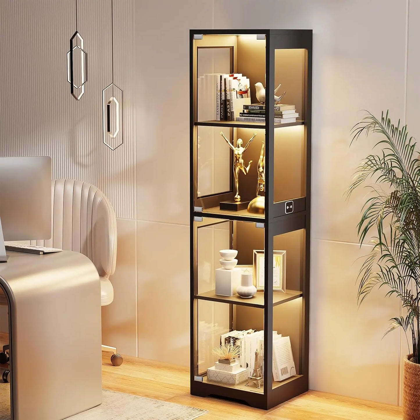 4-Tier Glass Display Cabinet With Adjustable LED Lights And Sensor Black