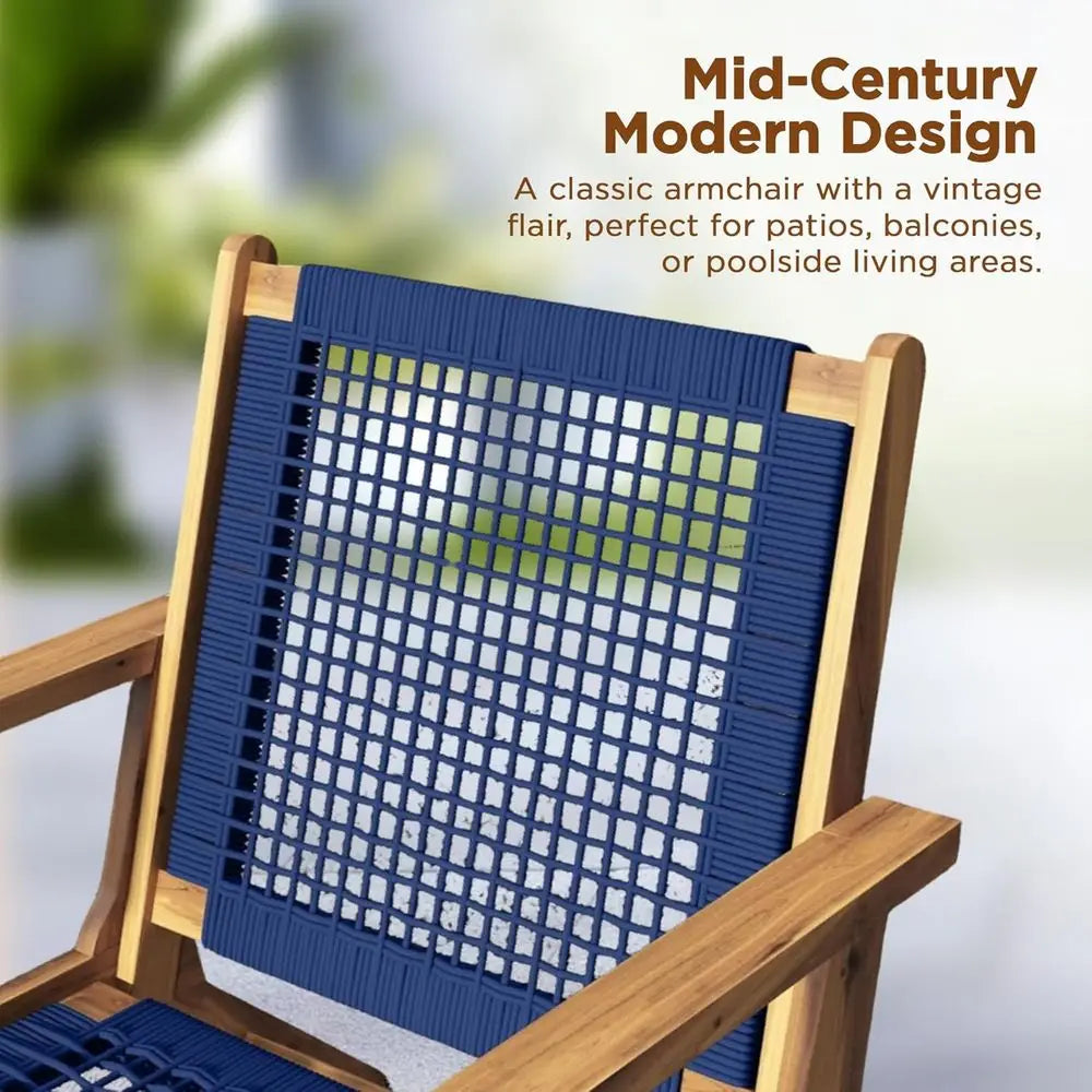 Natural Stain Acacia Wood Outdoor Armchair With Hand Woven Seat Century Design