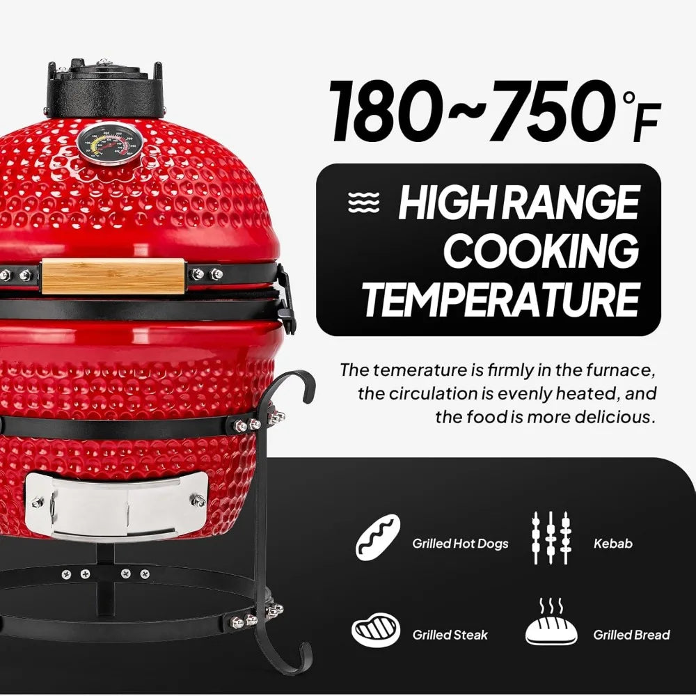 13 Inch Red Spherical Ceramic Charcoal Grill with Inner Liner Portable BBQ Smoker for Outdoor Cooking Camping and Backyard Grill