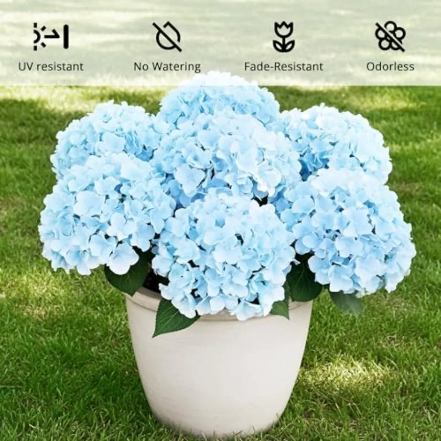 6 Bundles UV Resistant Faux Hydrangea Flowers Blue Outdoor Indoor Use 30 Heads
