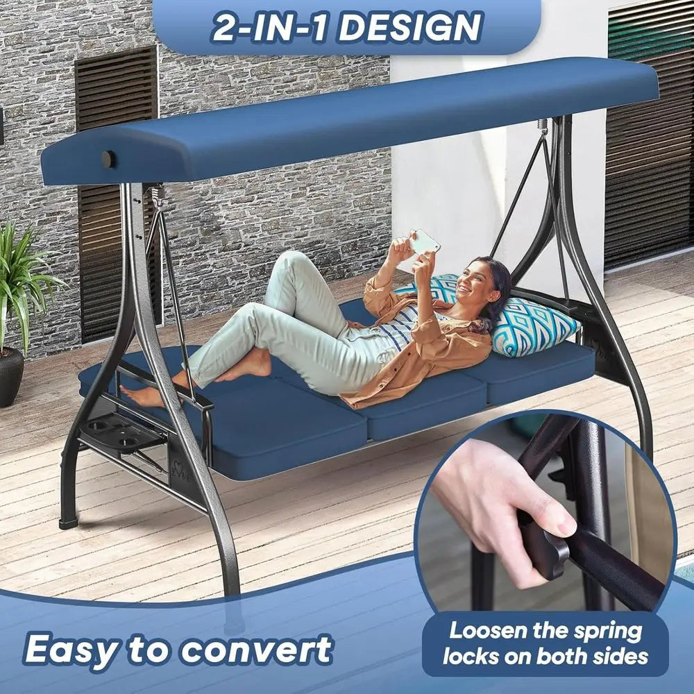 3 Seat Outdoor Swing With Stand 800lbs Capacity Convertible Swing Bed Blue