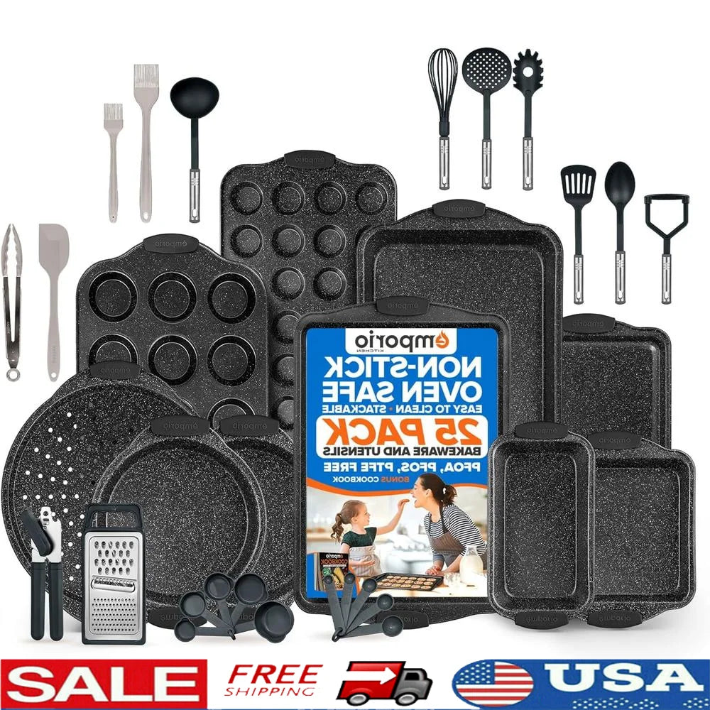 25 Piece Nonstick Carbon Steel Bakeware Set Oven Safe with Silicone Handles and Recipe Booklet Ideal for Baking Cookies and Muffins Pans