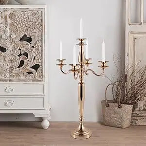 Gold Metal 5 Arm Candelabra Candlestick Holder 28 Inch Tall