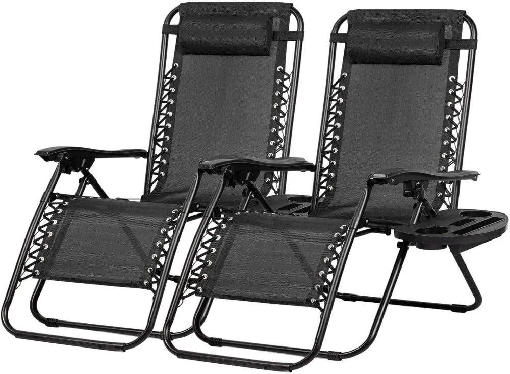 Set of 2 Adjustable Zero Gravity Lounge Chairs with Cup Holder and Pillow
