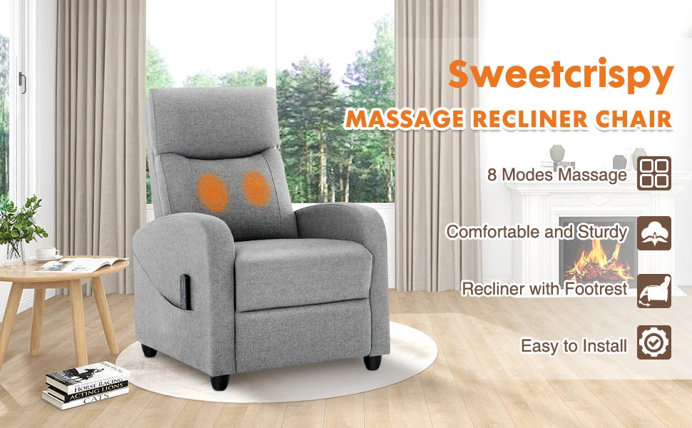 JHK Recliner Chair Massage Sofa Fabric Lumbar Support Grey