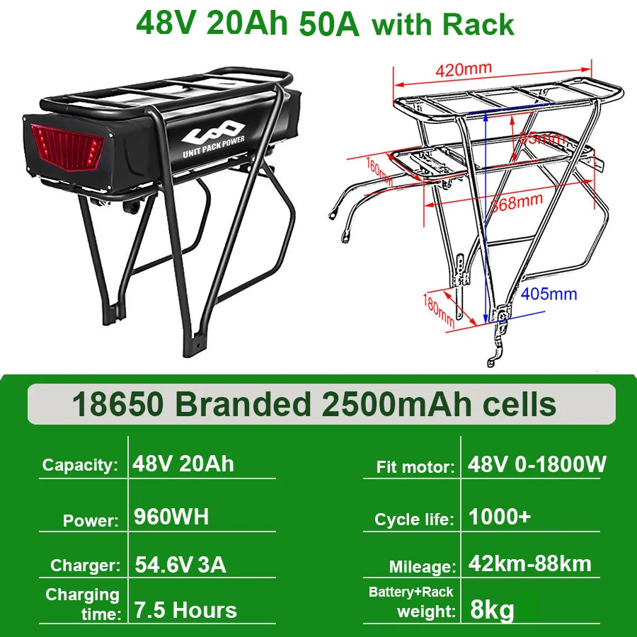 Rear Rack EBike Battery 52V 48V 27Ah 24 28 Inch Optional