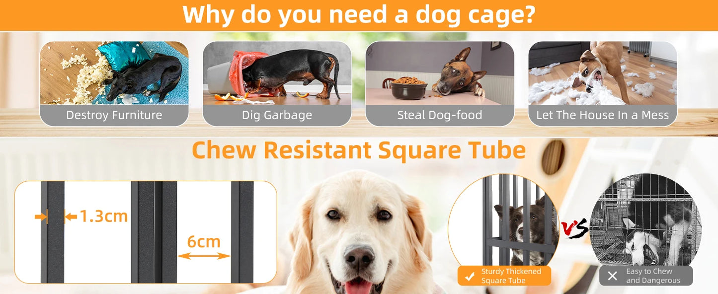 XXL Heavy Duty Dog Crate With Lockable Wheels And Tray Square Tube Metal Kennel