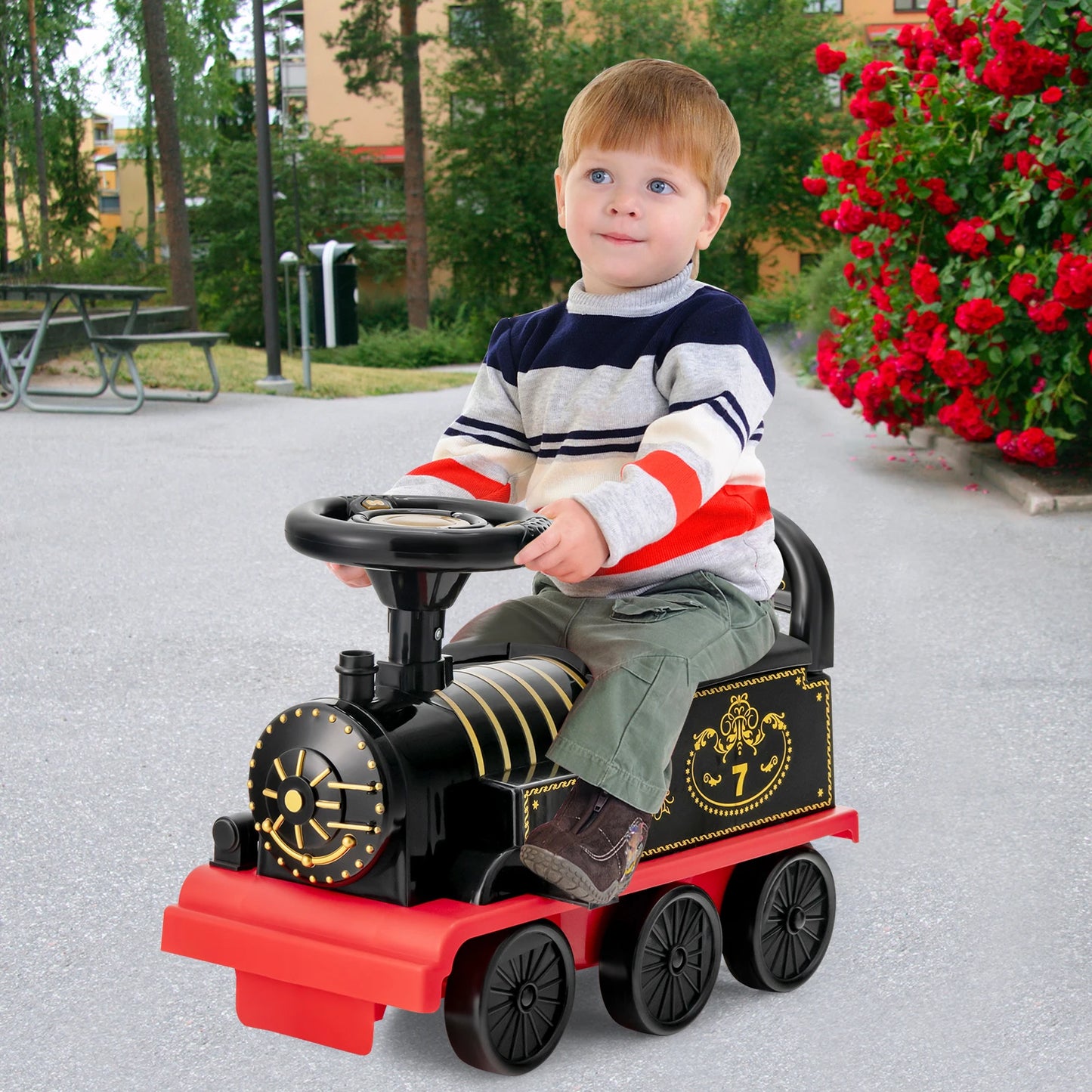 Six Volt Kids Electric Ride On Train With Track And Six Wheels Black