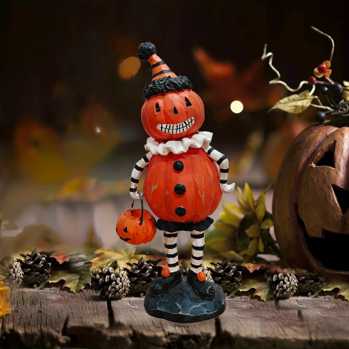 Halloween Resin Pumpkin Puppet Owl And Black Cat Statue