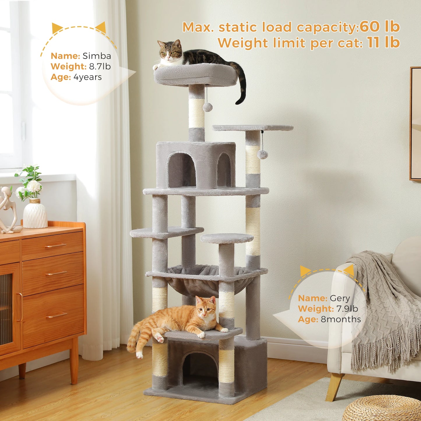 Large Cat Tree Tower Indoor Cats With Sisal Posts Hammock