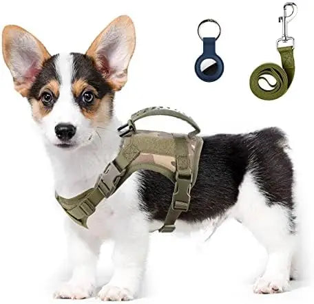 Tactical Dog Harness Small Dogs Military Adjustable Vest Leash Set Black Camo