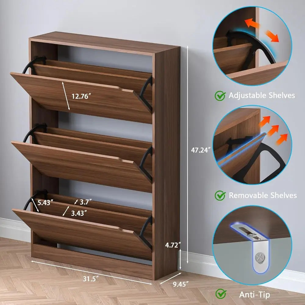 Slim Narrow Wood Shoe Cabinet With 3 Flip Drawers Freestanding Organizer