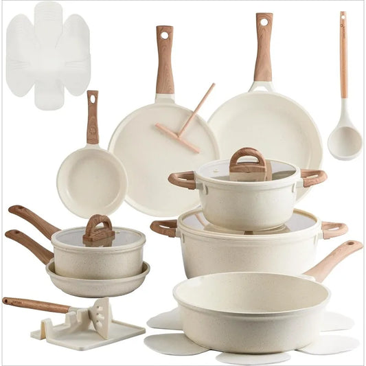 22 Pcs Non Stick Non Toxic Ceramic Cookware Set with Lids Cream White Granite Induction Compatible Pots and Pans