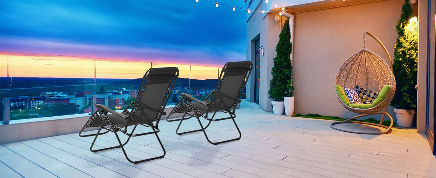 Set of 2 Adjustable Zero Gravity Lounge Chairs With Cup Holder and Pillow