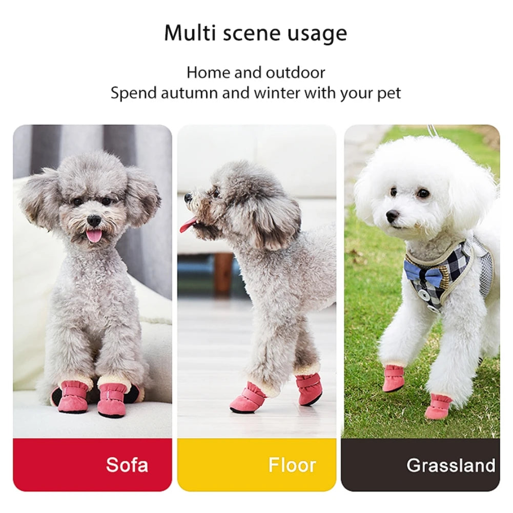 4 Pcs Pet Dog Snow Boots Warm Plush Shoes Small Medium Dogs Cats Non Slip Soles