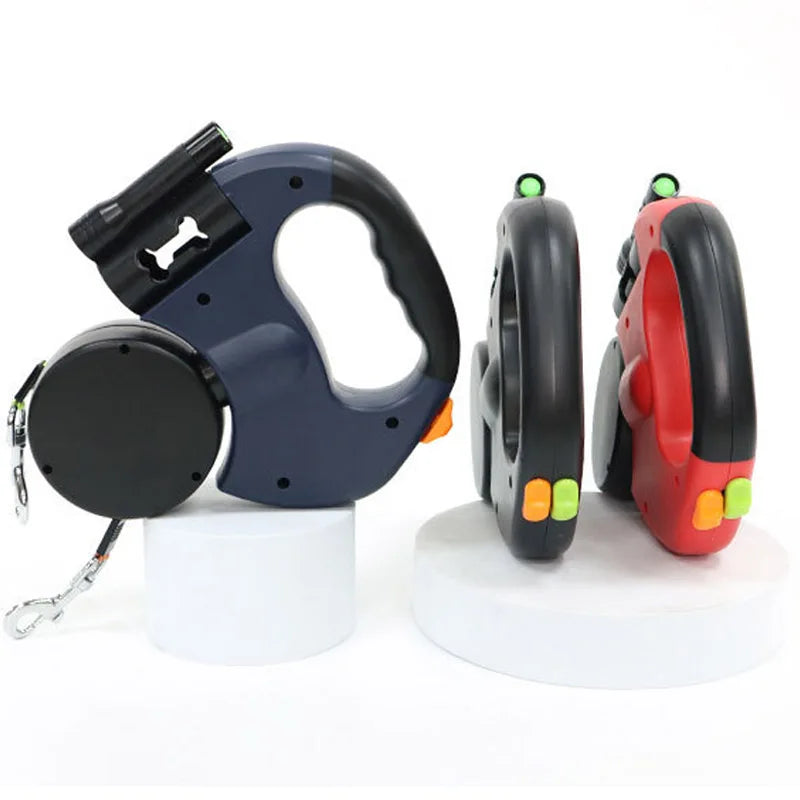 3In1 Double Head Retractable Dog Leash With Flashlight Poop Bag Dispenser