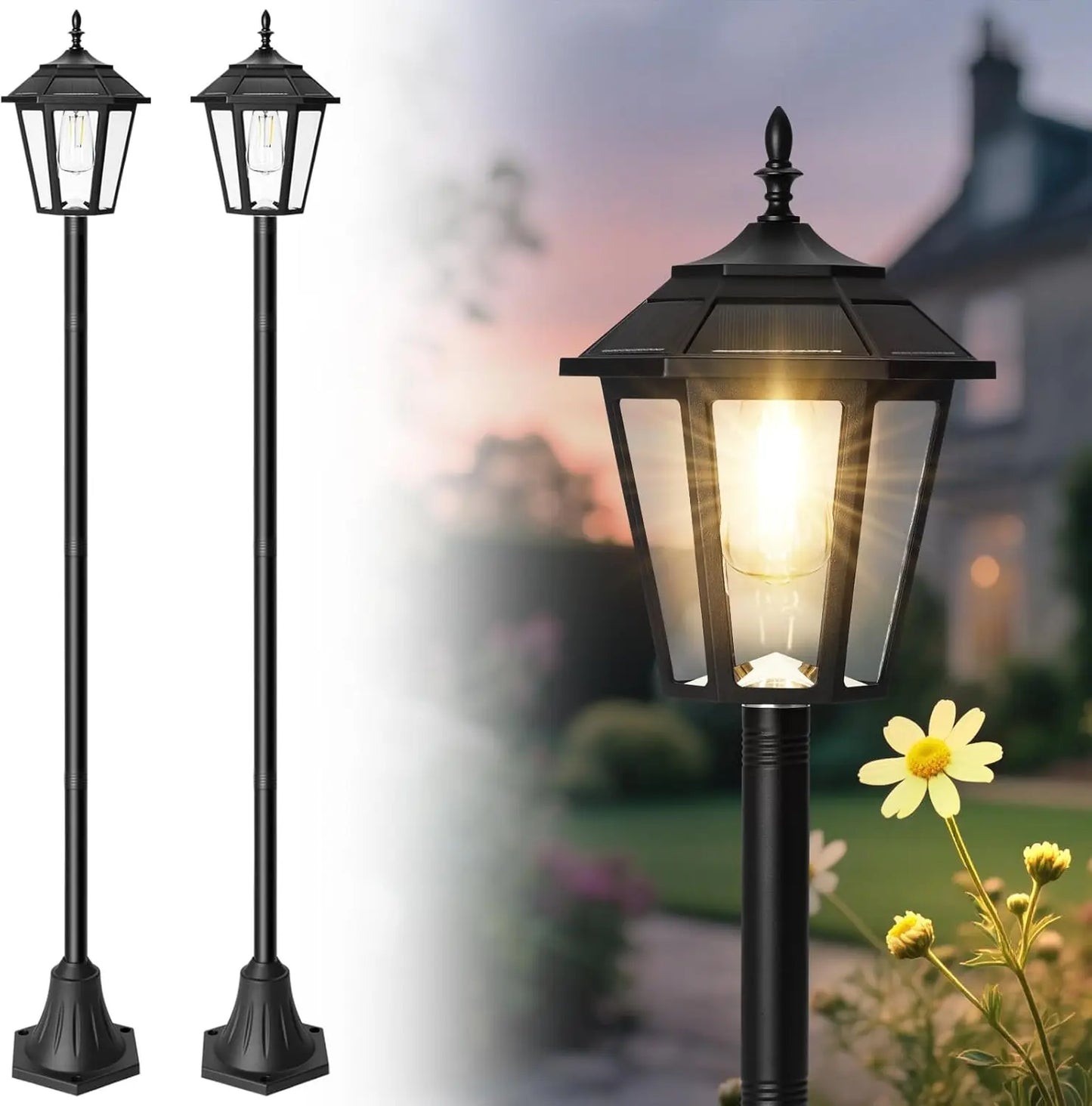 66 Inch Solar Lamp Post Lights 2 Pack Outdoor Waterproof Poles Yard Driveway