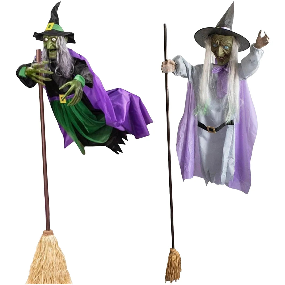 Halloween Animatronic Flying Witch On Broom Luminous Eyes